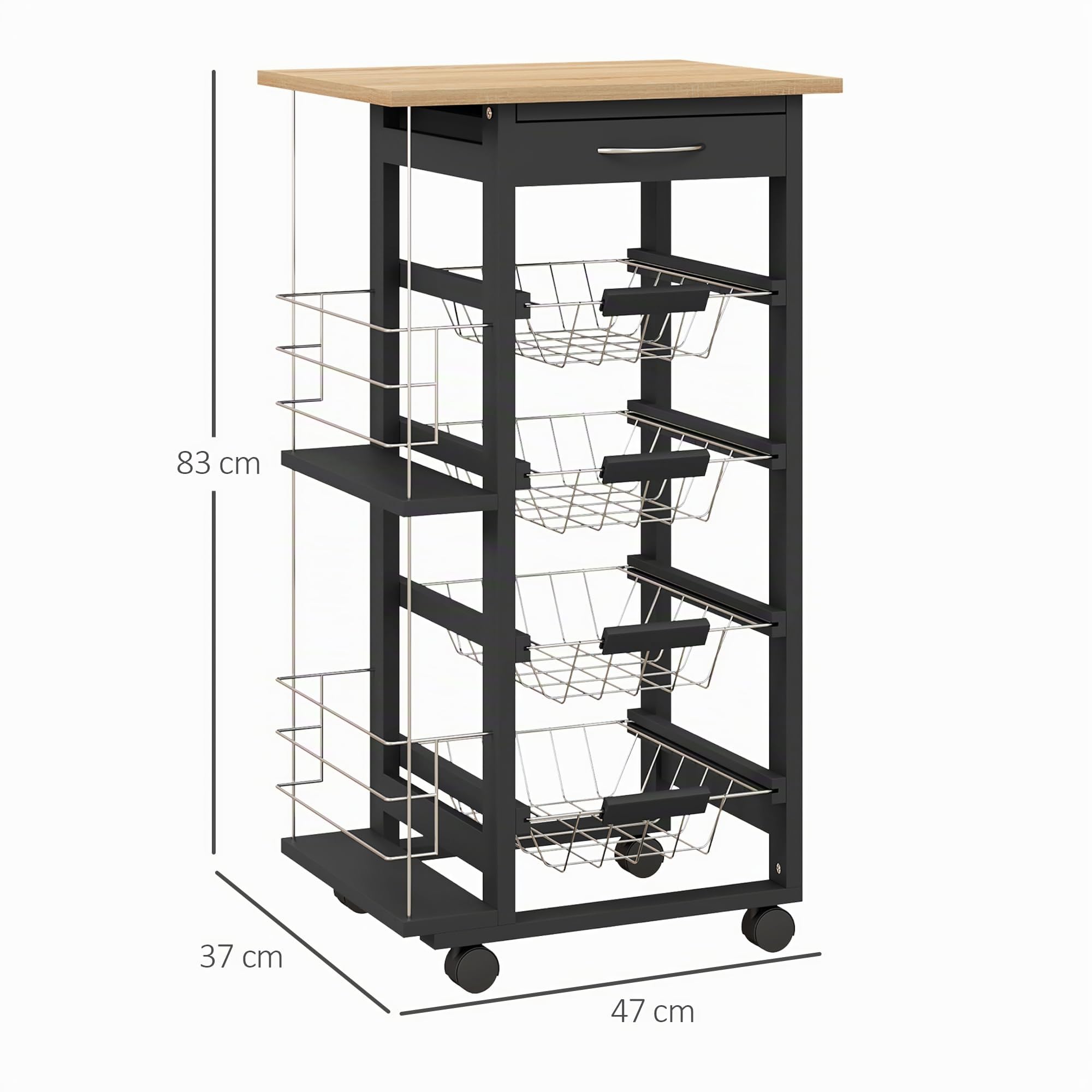 HOMCOM Carrello da cucina con ruote Carrello multiuso con cassettiera 4 cestini estraibili in metallo e cestelli laterali 47x37x83 cm Nero e legno naturale