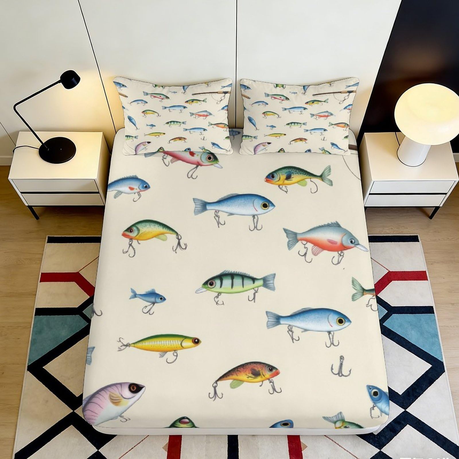 3D Printed Lively Fish Fitted Sheet Microfiber Soft Breathable Fishing Lure Bed Cover for Bedroom Guest Room Decor 90x200x25cm