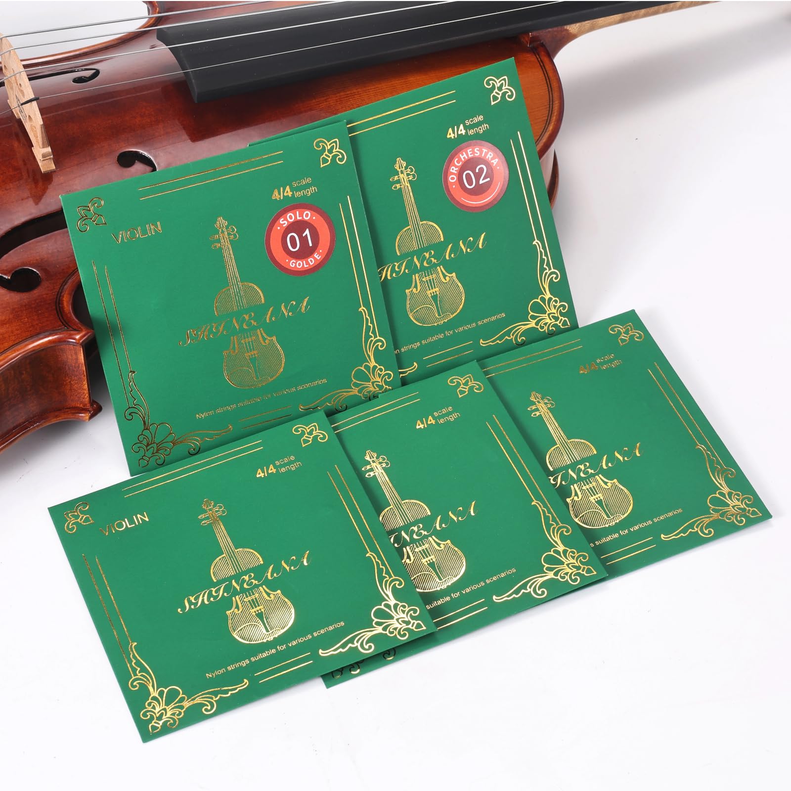 Juego completo de cuerdas de violín 4/4 con cuerda E dorada adicional | Núcleo sintético de alta calidad para un sonido cálido y rico y proyección mejorada | Tensión media, probado en conciertos | Se