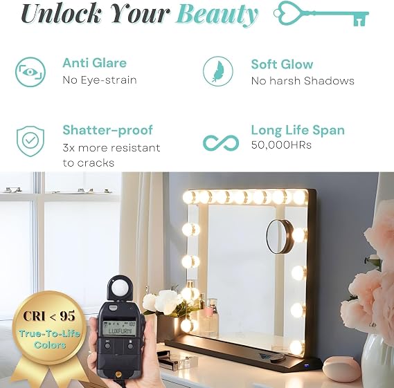LUXFURNI Vanity Mirror with Lights, Makeup Mirrors Hollywood Mirror with 15 LED Bulbs, 3 Colors Modes & Adjustable Brightness, 10x Magnification, USB Charging (23x 18)
