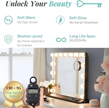 LUXFURNI Vanity Mirror with Lights, Makeup Mirrors Hollywood Mirror with 15 LED Bulbs, 3 Colors Modes & Adjustable Brightness, 10x Magnification, USB Charging (23x 18)