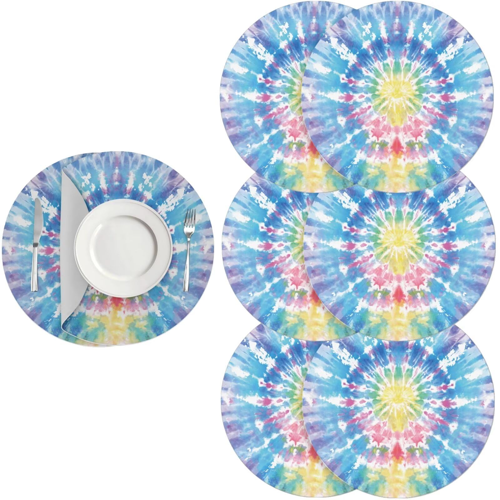 Generic PU Leather Placemats Set of 6 Wipeable Colorful Tie-Dye Placemats Round Leather Place Mats for Dining Tables Easy to Clean Under Plates for Table Decor — image 1