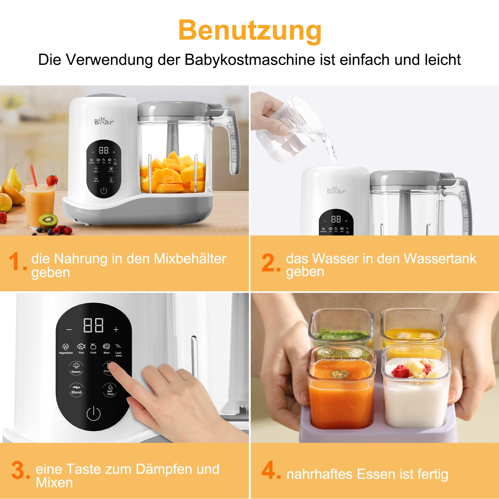 Bear Babynahrungszubereiter,Eine Stufe Baby Food Maker Dampfgarer Mixen,Automatisches Kochen & Zerkleinern,Babybrei Zubereiter mit Selbstreinigungsfunktion,Weiß