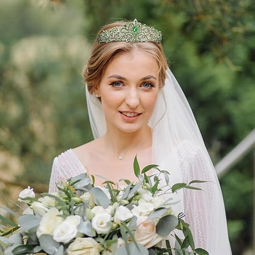 Miniatura 4 de Tiaras de corona verde para mujer, diademas de cristal con diamantes de imitación, corona de feliz princesa cumpleaños niña con peines, elegantes