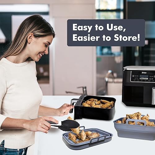 Miniatura 5 de Paquete de 2 forros de silicona plegables para freidora de aire Ninja Foodi DZ201 y otras freidora de aire de doble cesta de 8.3 x 5.9 x 3.7