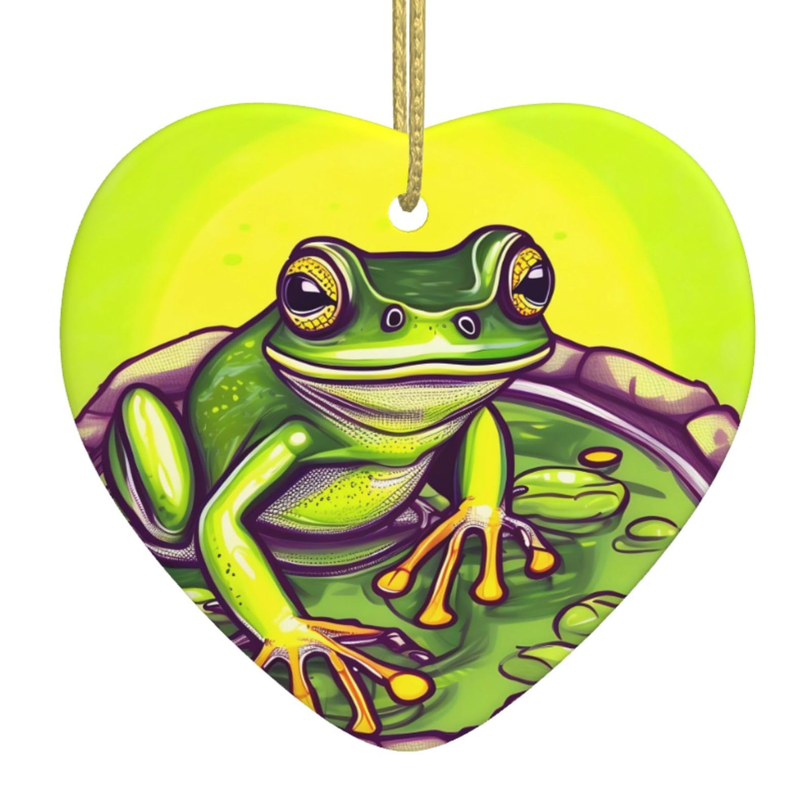 Frog in a Pond Ceramic Christmas Heart Pendant with Silk Thread, Christmas Tree Home Decoration