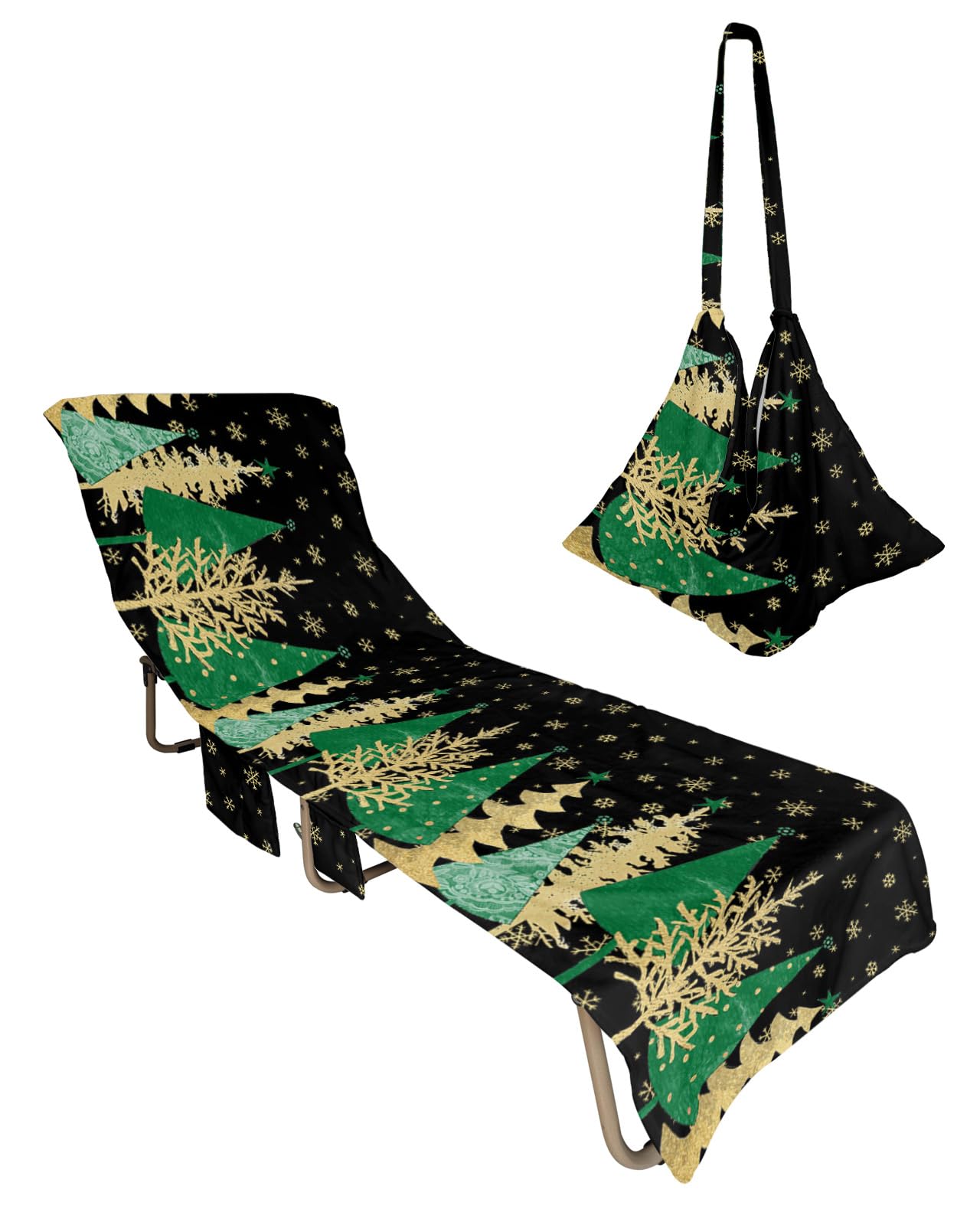 Green Yellow Christmas Tree Beach Lounge Chair Towel Cover, Soft Chaise Lounge Towel with Side Pockets Patio Pool Chairs Cover for Beach/Pool Sunbathing 29x85 Xmas Snowflake Classic Black