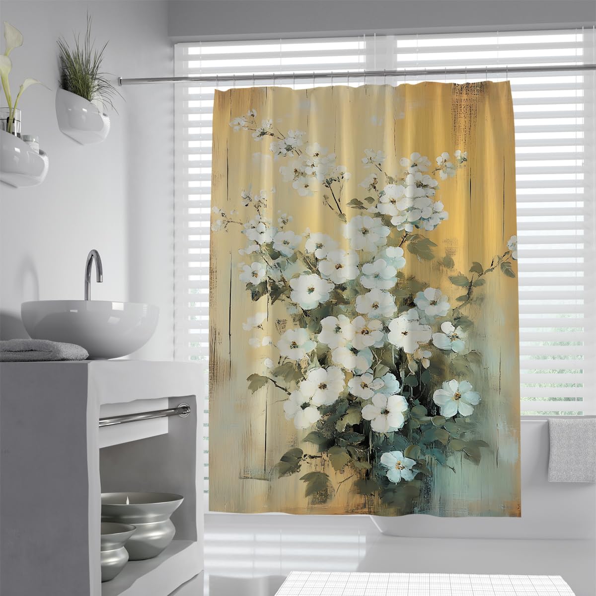 UIRINGART Chic Botanical Shower Curtain W100xL180cm Retro Yellow White Floral Waterproof Washable Bathroom Curtain Bathroom Decor Walk In Shower