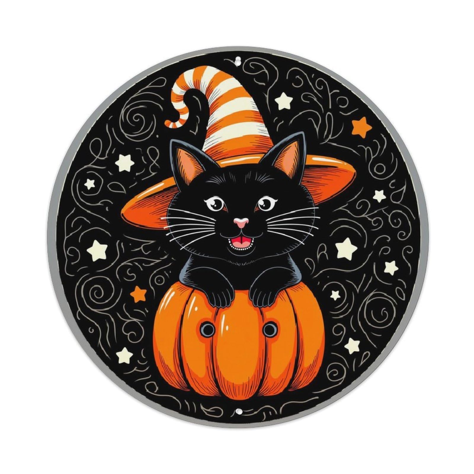 Jdyaojiesheng Vintage Black Cat Witch Hat Pumpkin Stars Round Tin Sign Retro Metal Wall Decor Metal Poster, Home Bar Garage Farmhouse Cafe Wall Art Decoration 8X8inch