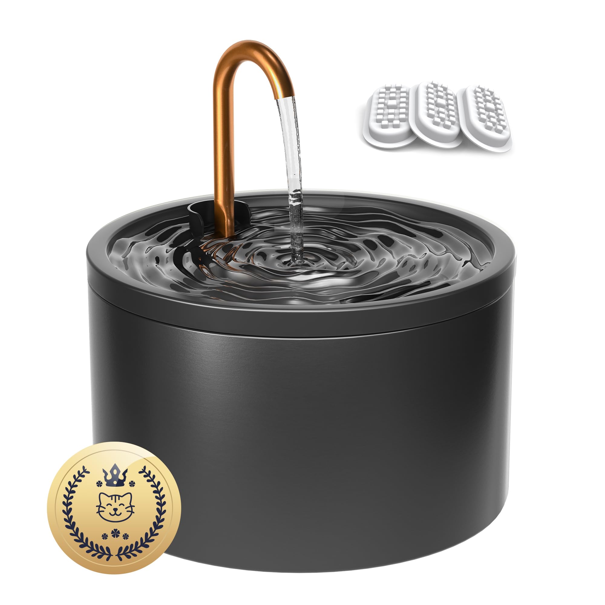 MISFANS Fontana per gatti in ceramica, 2,1 l, per cani e gatti, con beccuccio in rame, sistema di filtrazione tripla, igienico e facile da pulire, nero