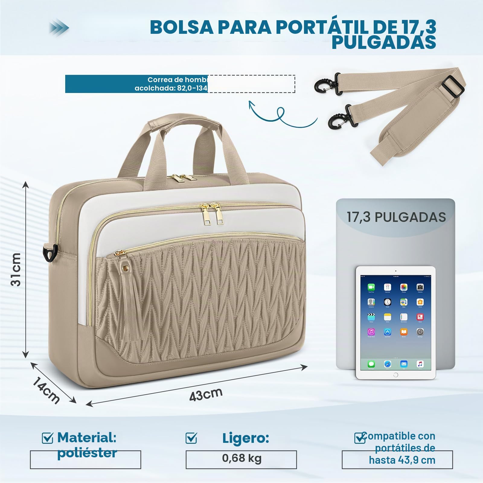 RAINSMORE Bolso Portatil Mujer 17,3 Pulgadas Maletín Portátil Impermeable Bolso Trabajo Portadocumentos Grande Bolso Ordenador para Oficina Universidad Caqui