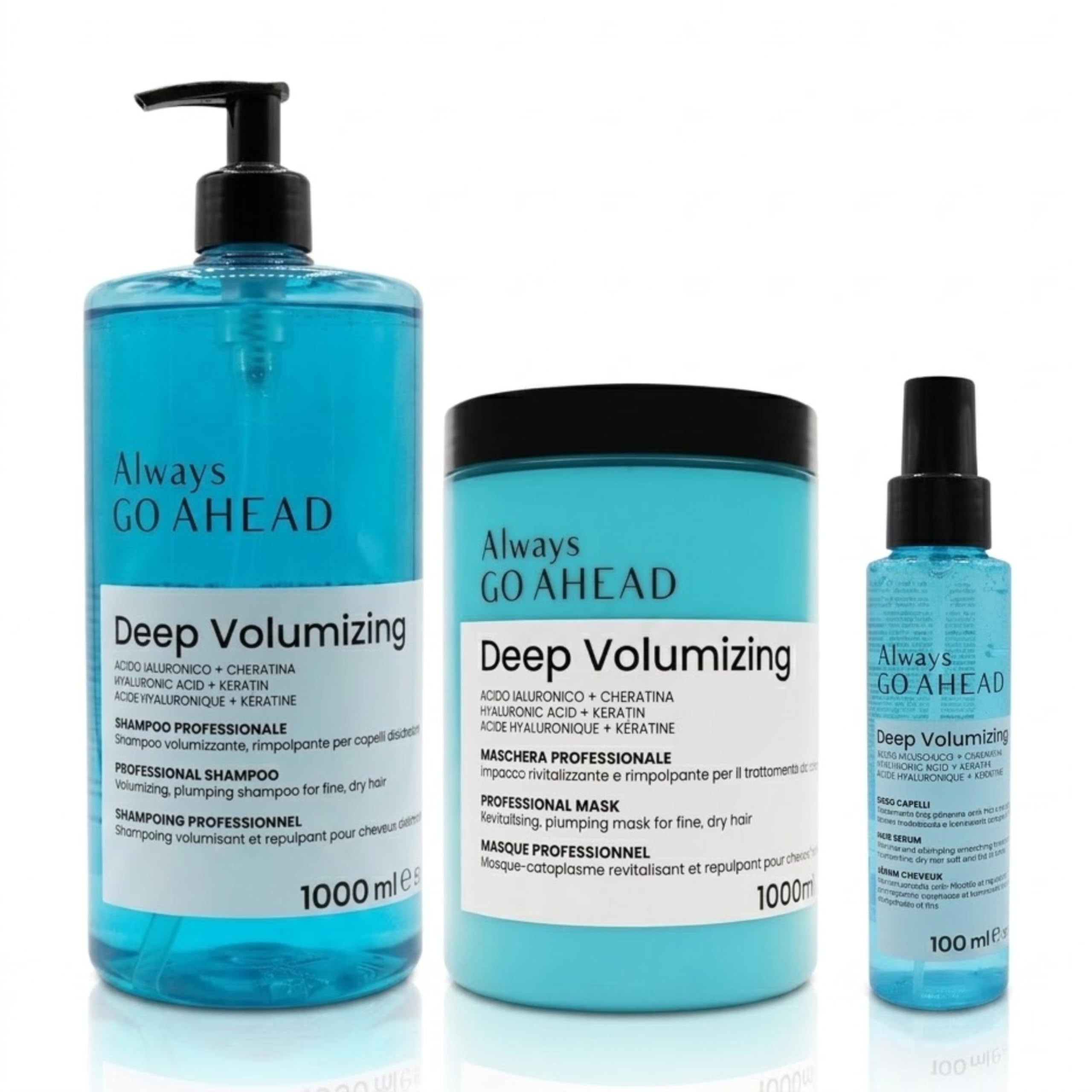 Always Go Ahead Deep Volumizing Zestaw do włosów cienkich i odwodnionych | Szampon 1000 ml, maska 1000 ml, serum 100 ml, kwas hialuronowy i keratyna, profesjonalny zestaw