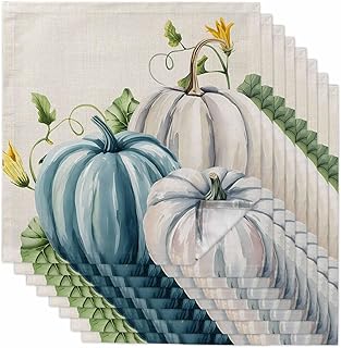 Cloth Napkin, White Blue Pumpkin Floral Absorbent Linen Napkins Reusable Washable Thanksgiving Kitchen Table Napkin Cloth Cocktail Napkins for Weddings Party 8 Packs 20 x 20 in
