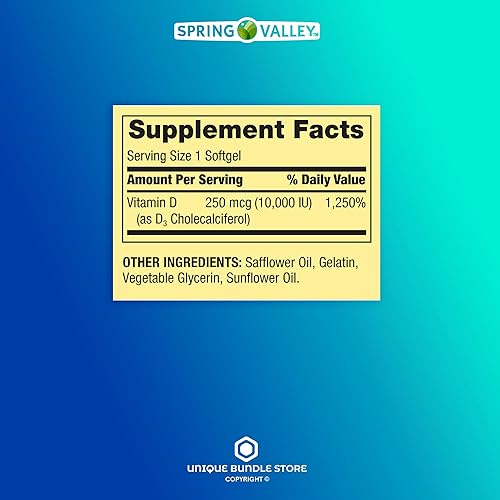 Miniatura 4 de Spring Valley, Vitamina D3 10000IU, 200 cápsulas blandas, 250 mcg de suplemento dietético para la salud ósea e inmunológica + organizador de