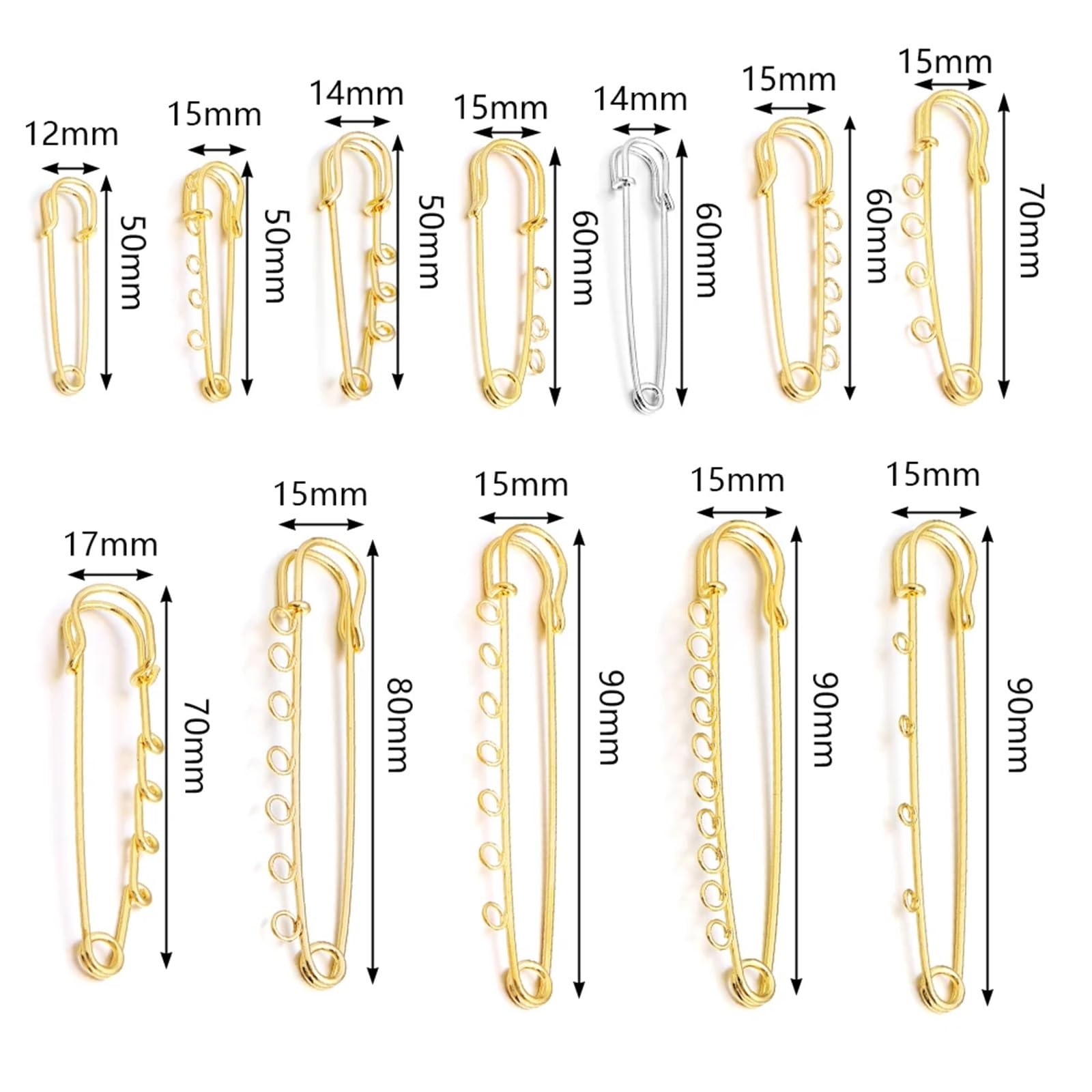 50-100 broches de seguridad de hierro con base en blanco para manualidades, adornos, suministros de fabricación de bolsas (plata, 60 mm, 5 anillos, 100 unidades)