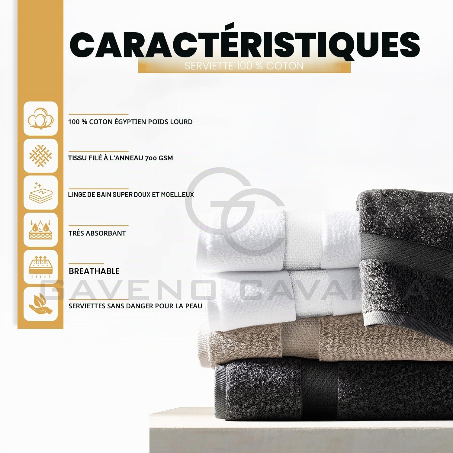 GC GAVENO CAVAILIA Lot de 2 Grandes Serviettes de Bain en Coton égyptien de 700 g/m² à séchage Rapide – Serviettes Douces au Toucher – Noir – 228,6 x 360,6 cm
