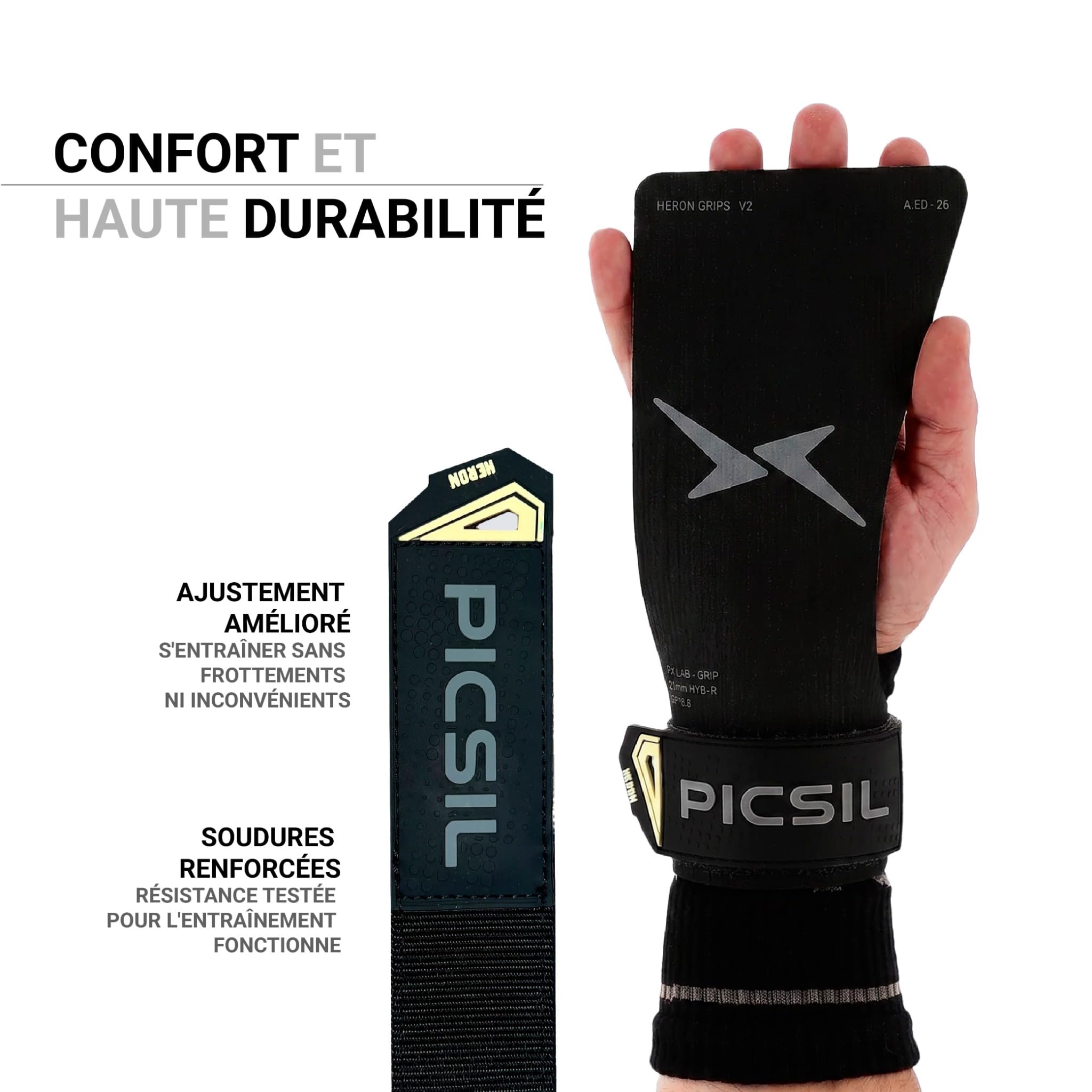 PICSIL – Maniques Heron pour l’Initiation et Le Perfectionnement, avec ou sans Magnésie, avec Étui et Protège‑Poignets, pour WOD, Cross Training, Calisthenics, Fitness