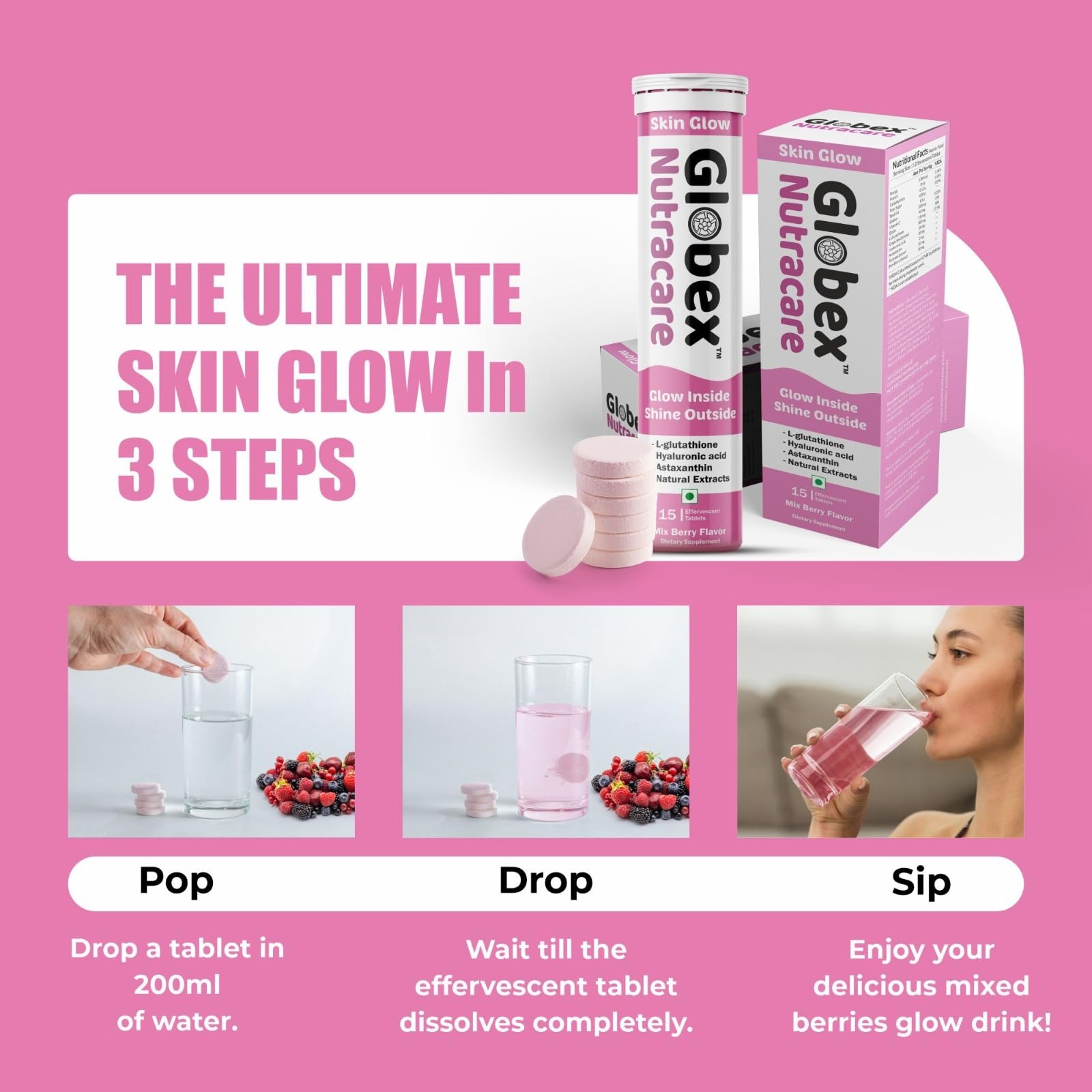 Skin Glow Effervescent Tablets | 30 Tabs | 500mg L-Glutathione, Vitamin C, Biotin, Astaxanthin & Hyaluronic Acid | Skin Hydration | Sugar Free, Mixed Berry Flavor — Amazon image 6