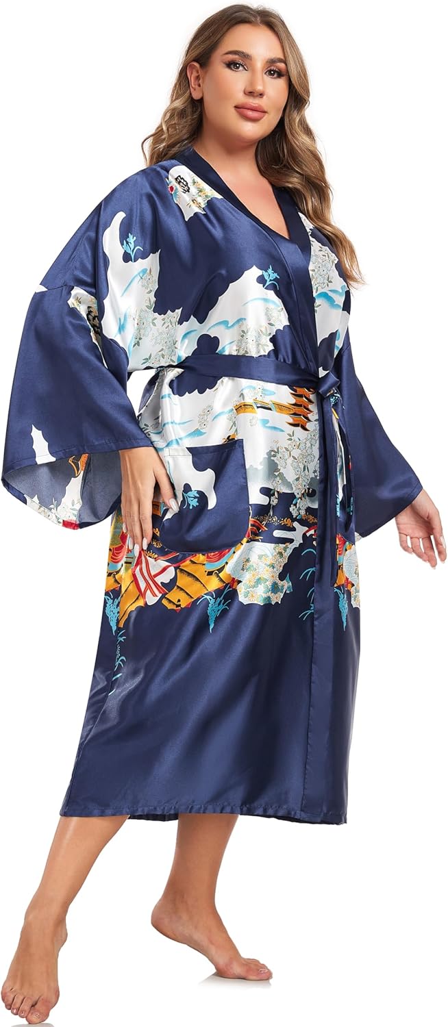 VintageClothing Women's Plus Size Satin Kimono Robes Long Floral Silky Loungewear Patterned Sleepwear Dressing Gown - Image 5