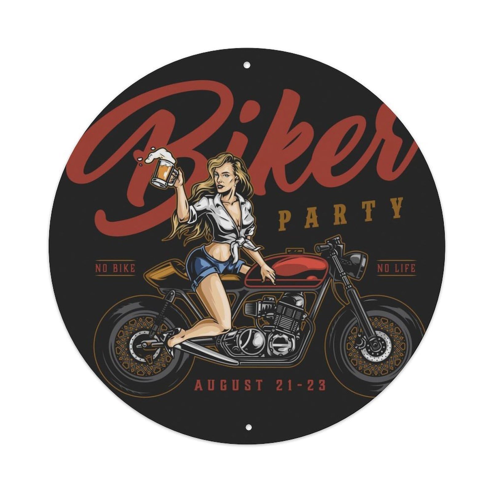 Motorbike Poster Sexy Girl Drinking A Beer Vintage Metal Tin Sign Plaque Wall Decor for Cafe, Club, Garden Round Metal Poster 8x8Inch