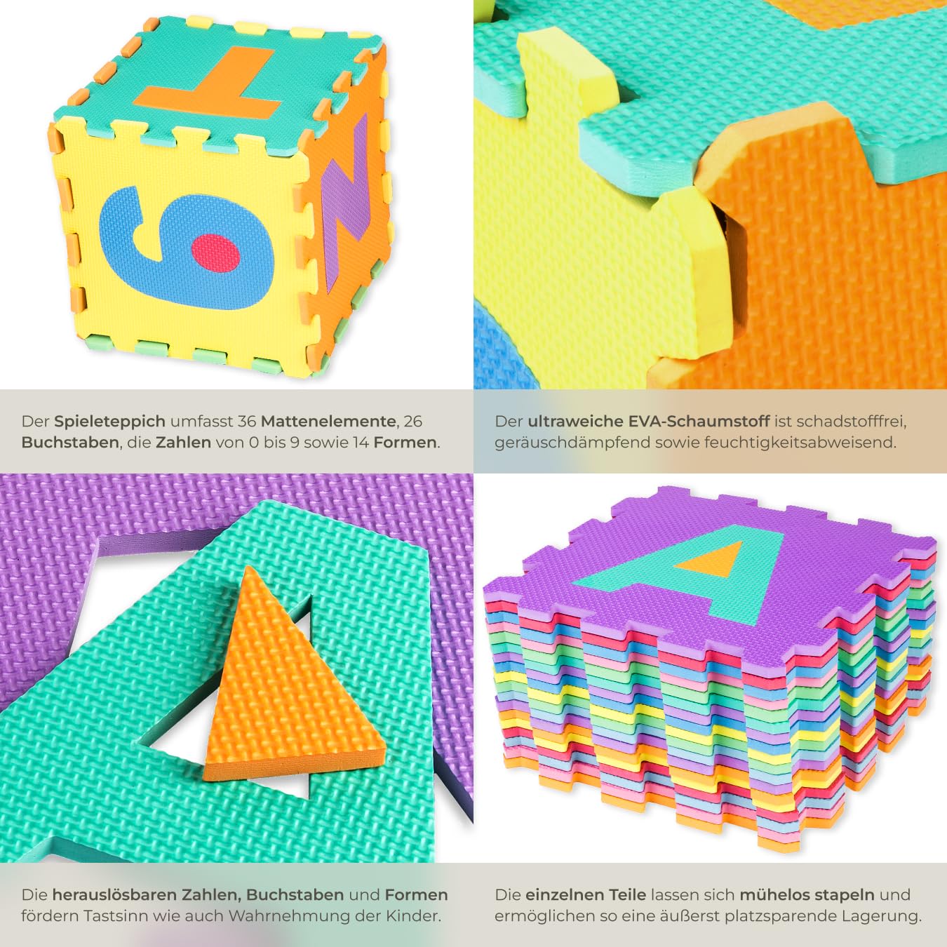 tectake® 86-teilige Puzzlematte Baby, Spielmatte Baby 3,6 m² Grundfläche, Krabbelmatte aus Eva Foam Schaumstoff, Lernteppich Schaumstoffplatte Buchstaben und Zahlen, Bodenschutzmatte, Puzzle Teppich