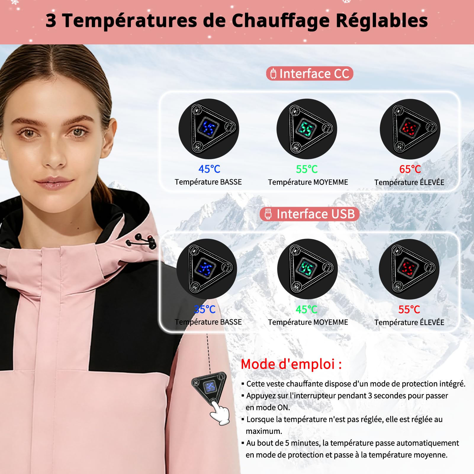 Giacca Riscaldato da Donna Impermeabile Giacca con Cappuccio con Batteria 7.4v, Softshell Calda Giacca Invernale per Moto, Pesca, attività all'aperto