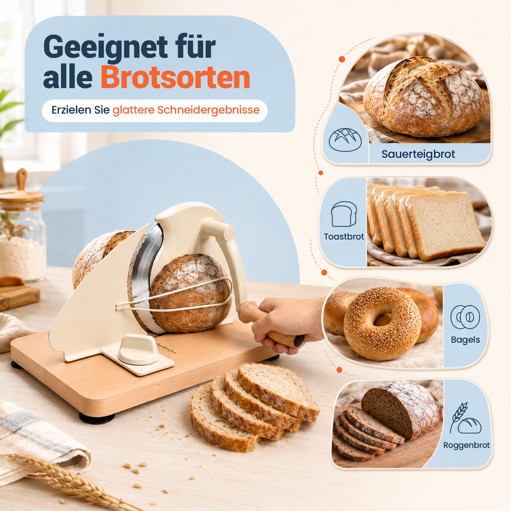 Brotschneidemaschine Manuelle mit Handkurbel | einstellbarer Scheibendicke 0–20mm | Edelstahlklinge mit Wellenschliff | rutschfeste Saugnäpfe | Für Sauerteig, Roggen, Toast & Baguette