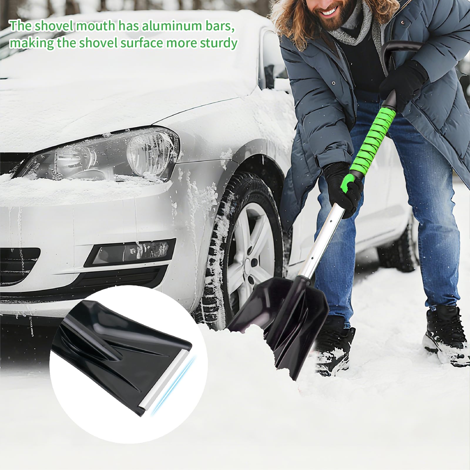Schneeschaufel und Schneebürste mit Eiskratzern für Auto-Windschutzscheibe, 5-in-1 ausziehbares, Dickes Aluminiumrohr, 180° schwenkbarer Bürstenkopf und Schaumstoffgriff für Weihnachten, Autos, LKWs