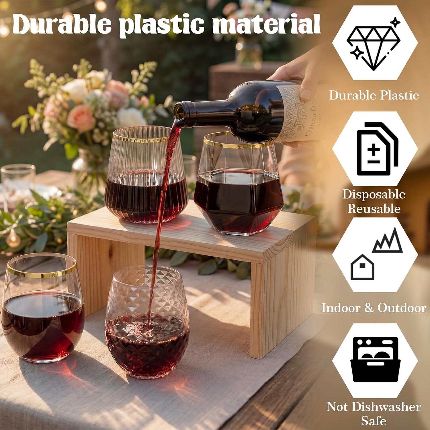 Unittype 20 Pcs Plastic Wine Glasses Set, Gold Rim Unbreakable Clear Cups, 12 Oz Disposable Diamond & Ribbed & Round & Pineapple Shaped Stemless Cocktail Glasses for Wedding Bars Birthday Family Party