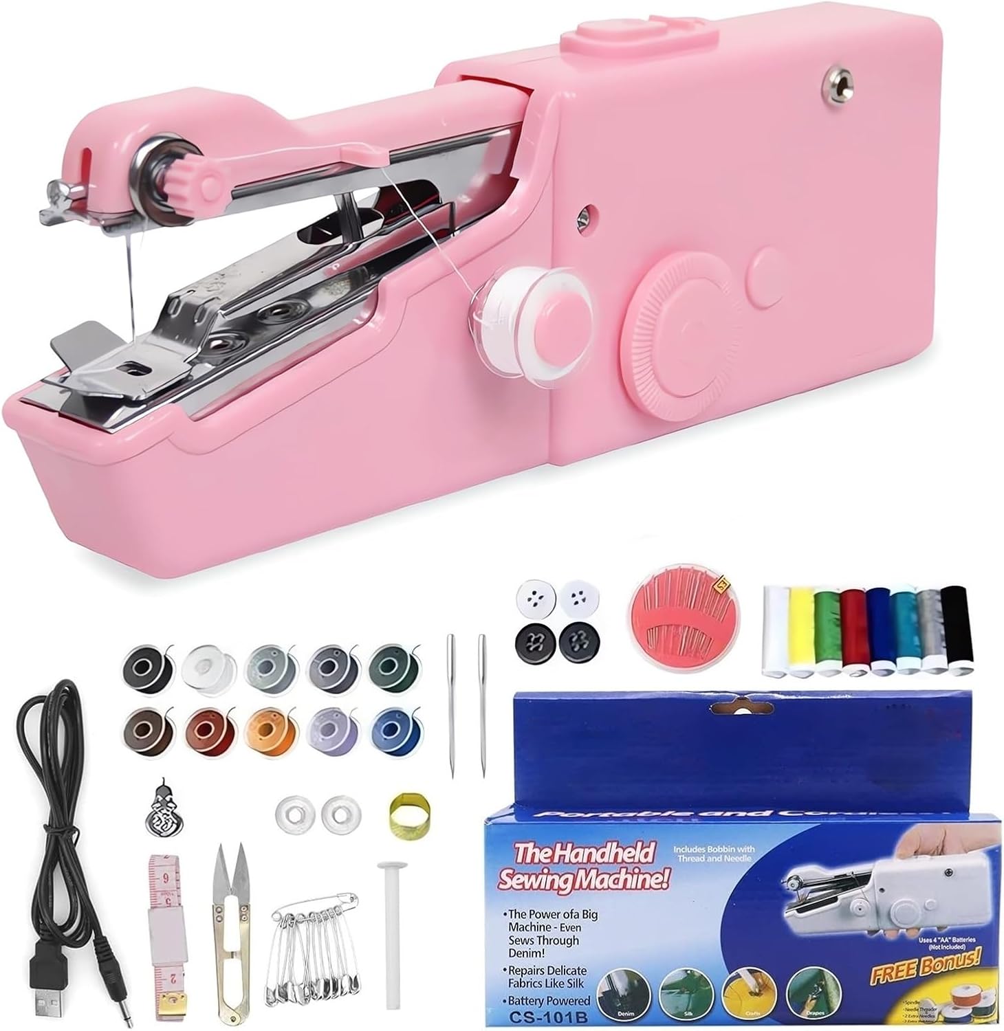 Portable Handheld Sewing Machine Kit Mini USB Electric Stitch Manual Hand Held Stitching Stapler Small Easy Sew Machine Beginners Travel Tiny Tailor Sewing Embroidery Tool Device Heavy Duty (Black)