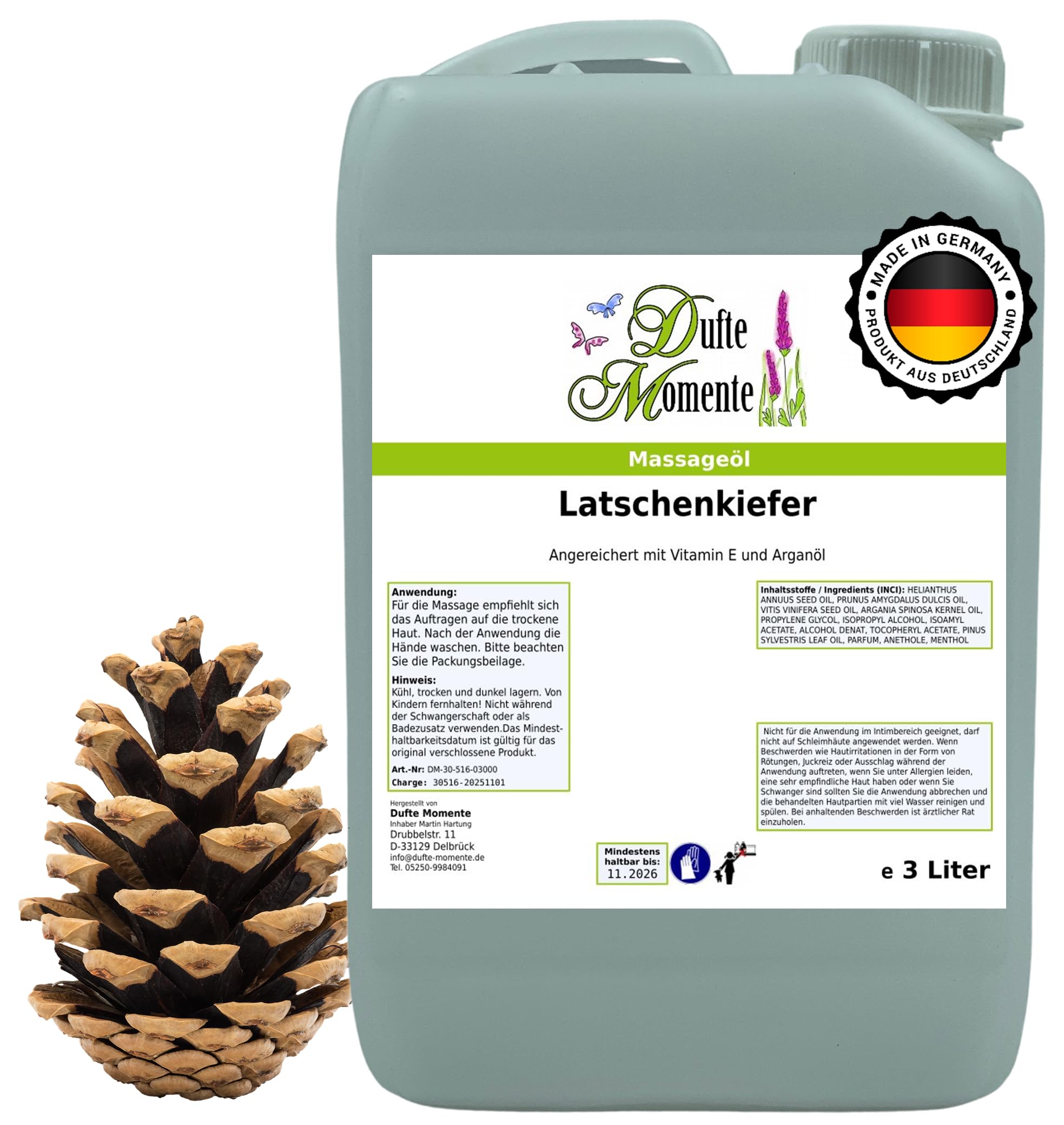 Dufte Momente Massageöl Latschenkiefer – 3 Liter – Pflanzenölbasis mit ätherischem Latschenkiefernöl – herb & belebend – für Massage & Wellness – vegan & Made in Germany