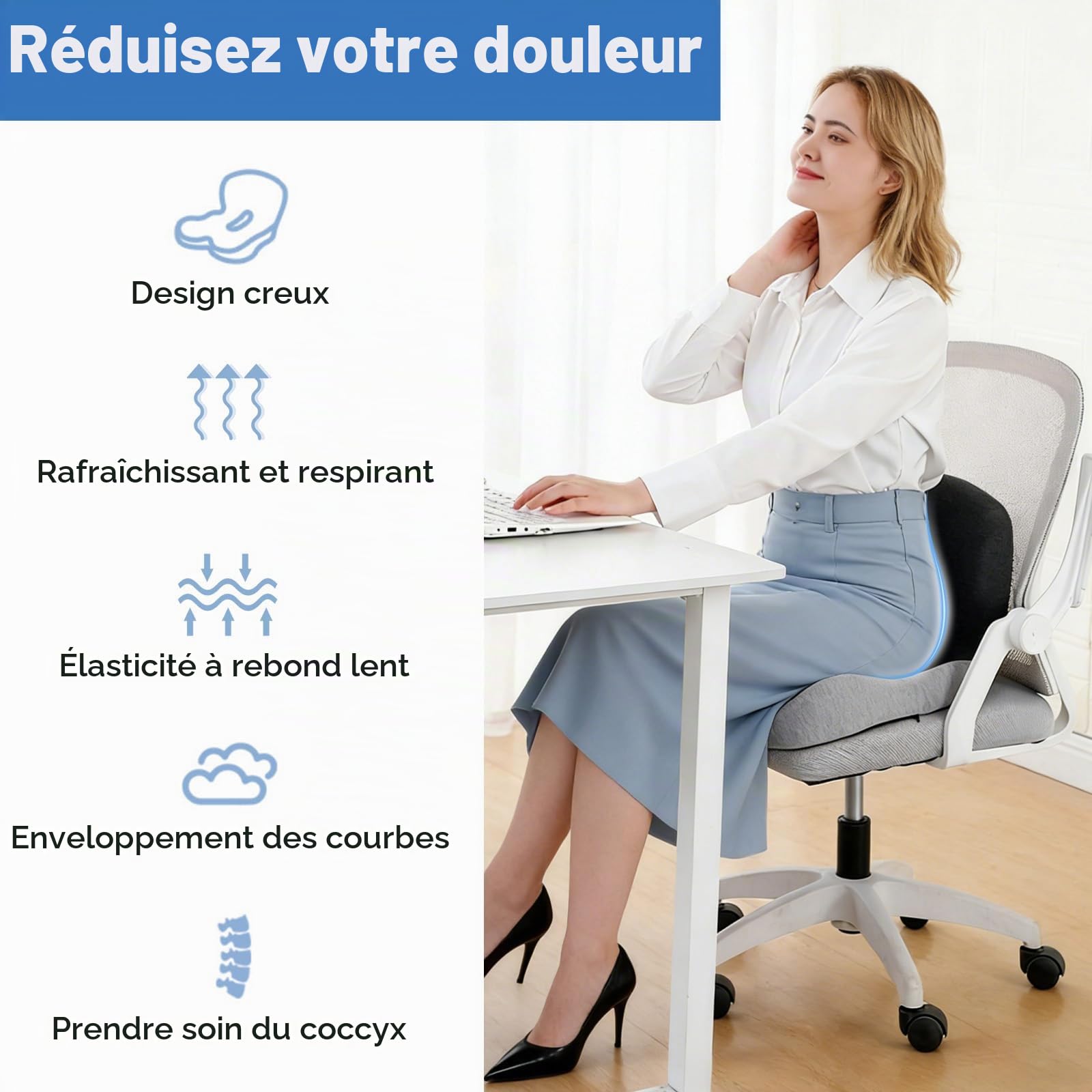 NCONCO Coussin Chaise en Mousse Mémoire, Coussin Chaise Bureau | Coussins Ergonomique Assise en Forme de L avec Appui à la Lombe pour Bureau, la Voiture, Les chaises de Jeux