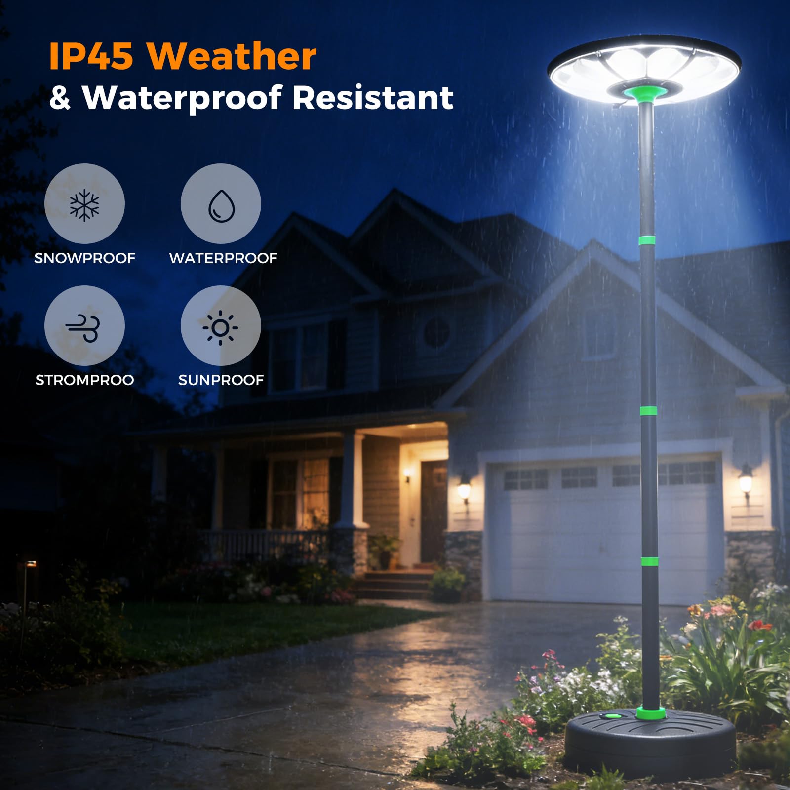 Farola solar para exteriores foco LED 75W para jardín patio garaje | con sensor de movimiento y poste de luz de 240cm de altura, base rellenable con agua, luz de seguridad, lámparas solares