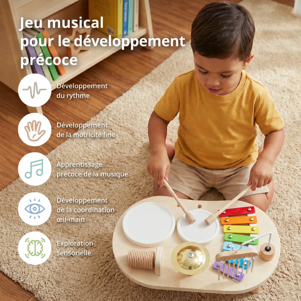 Instruments de Musique pour Enfants de 1 à 3 Ans, Batterie Montessori avec Tambour, Xylophone Et Percussions, Jouet Musical, Cadeau pour Filles Et Garçons