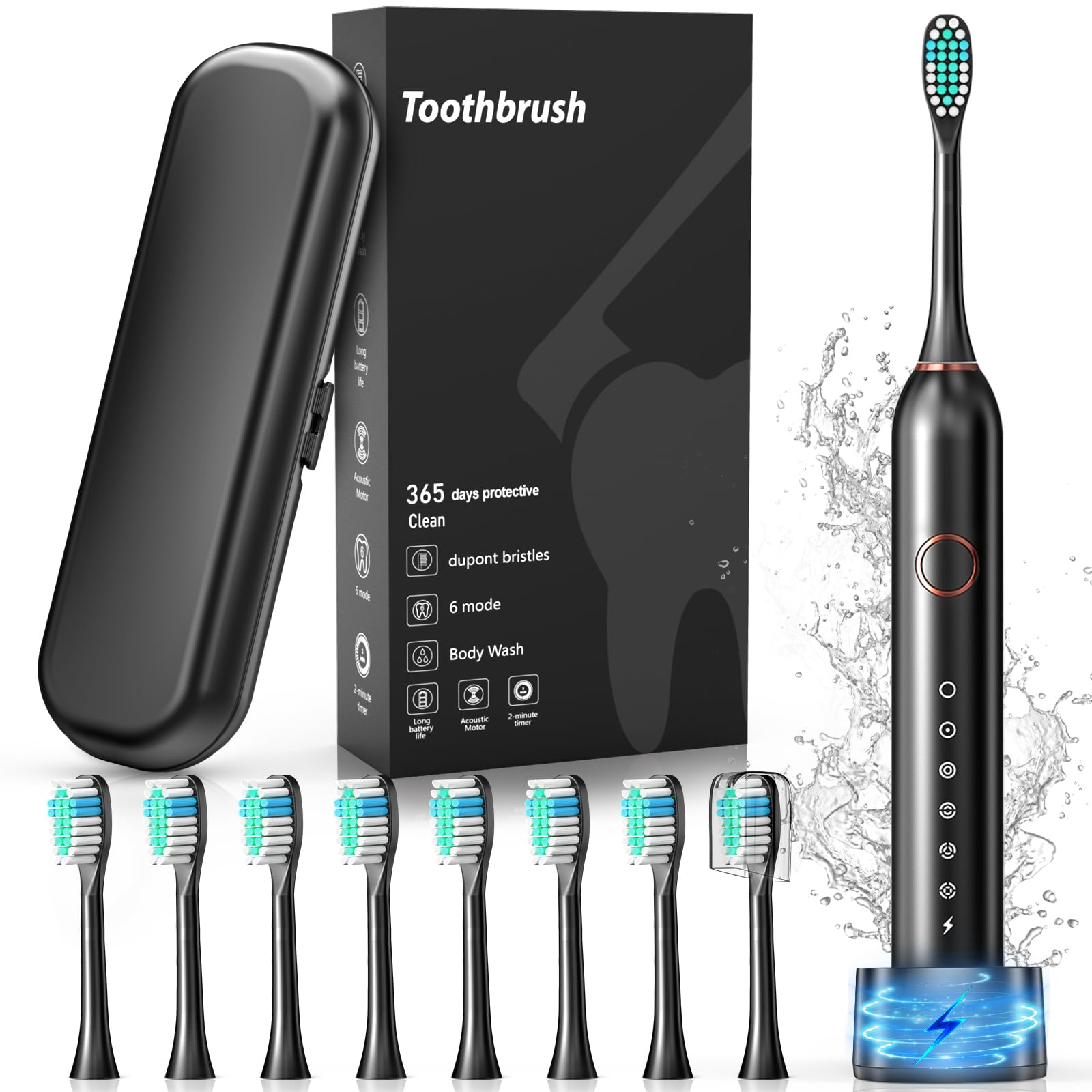 Electric Toothbrush, Sonic Type for Adults & Teens, 8 Brush Heads, Travel Case, 6 Modes, 40000 VPM Electric Motor, IPX7 Waterproof, 2 Minutes Timer, Wireless Charging, One Charge for 100 Days(Black)