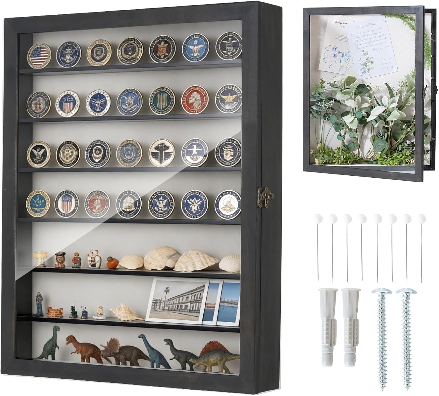 Muzilife 16x20 Solid Wood Shadow Box with Removable Shelves, 2.83" Deep Challenge Coin Display with Linen Back, Memory Box for Wedding Bouquet, Photos, Medals, Keepsakes