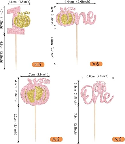 Miniatura 2 de Rsstarxi Paquete de 24 adornos de calabaza para el primer cumpleaños, calabaza con purpurina rosa, decoración para cupcakes para fiesta de primer