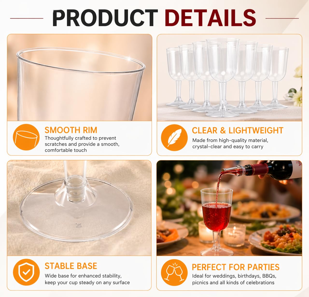 YAYODS Lot de 96 Verre à Vin en Plastique 175ml - Flûte à Champagne Réutilisable et Incassable - Verres à Cocktail Transparents avec Pied pour Mariage, Camping, Pique-Nique et Fêtes de Noël