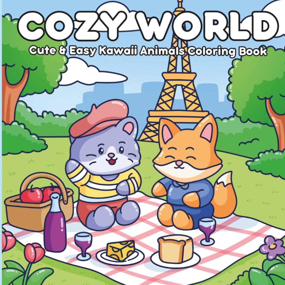 COZY WORLD: Cute & Easy Kawaii Animals Coloring Book