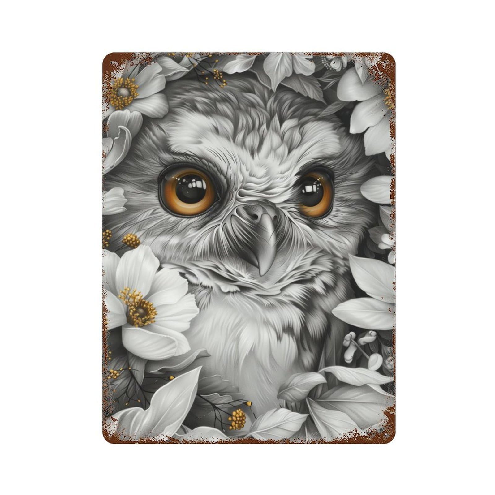 Garage Style Whimsical Golden Eyed Owl Rustic Tin Plaque 15.7"x11.8", Classic Wall Plaque for Bar And Workshop