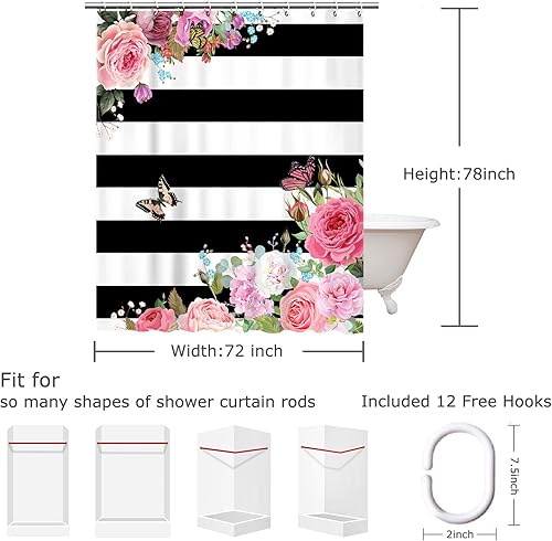 Miniatura 4 de LIVILAN Cortinas de ducha rosas para baño, cortina de ducha floral, diseño floral, mariposa, blanco y negro, juego de cortina de ducha con ganchos,
