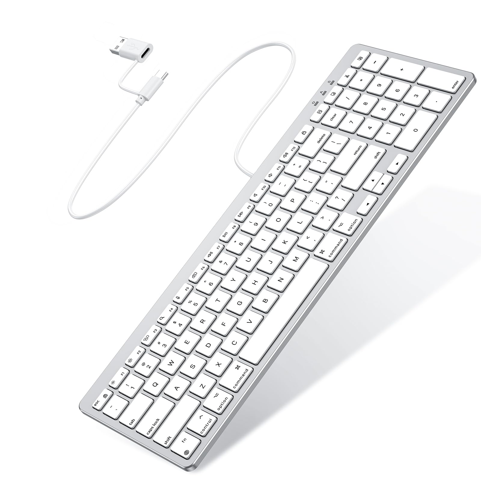 OMOTON Wired Keyboard Compatible with Mac, with Dual Interface (USB and Type-C), Numeric Keypad Compatible with MacBook Pro/Air, iMac, Mac mini/Pro Laptop, Silver
