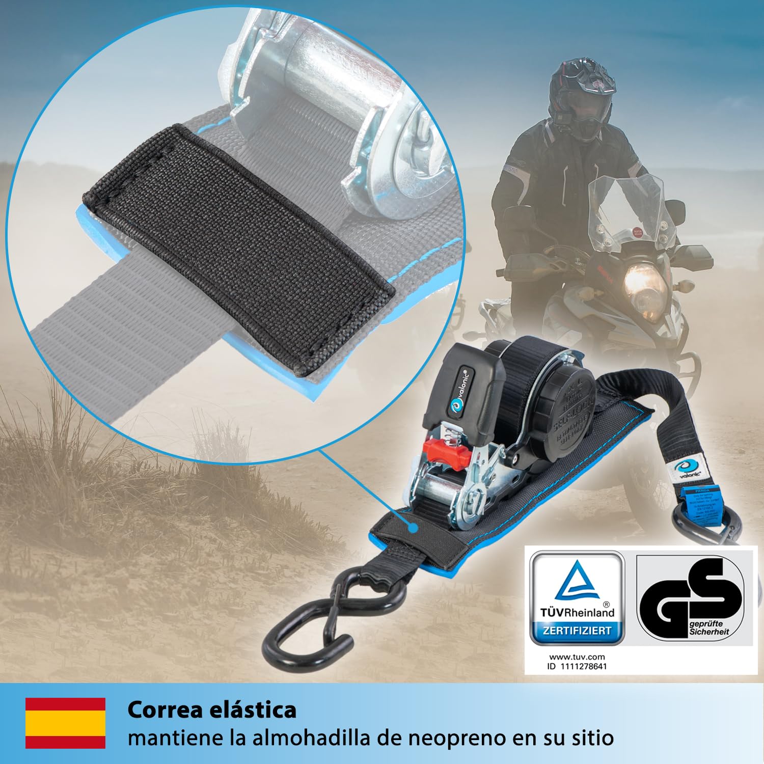 valonic Panda - 2X 5m Cinchas de Amarre automáticas con mosquetón, 25mm, 300/600 KG, Acolchadas, Certificado TÜV Rheinl. & GS, EN-12195-2 - con trinquete, Negro
