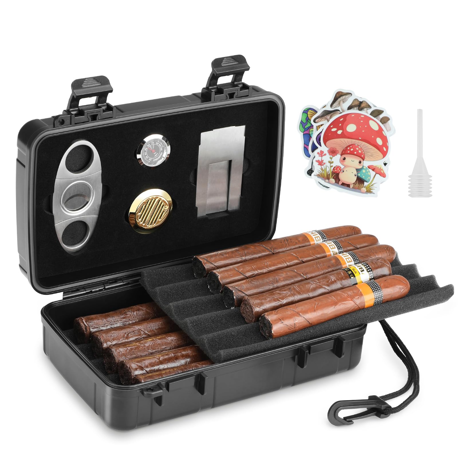 Travel Cigar Case Holds 10 Cigars, Portable Cigar Humidor includes Cigar Cutter, Humidifier, Hygrometer - Cigar Accessories Set for Men (Black)