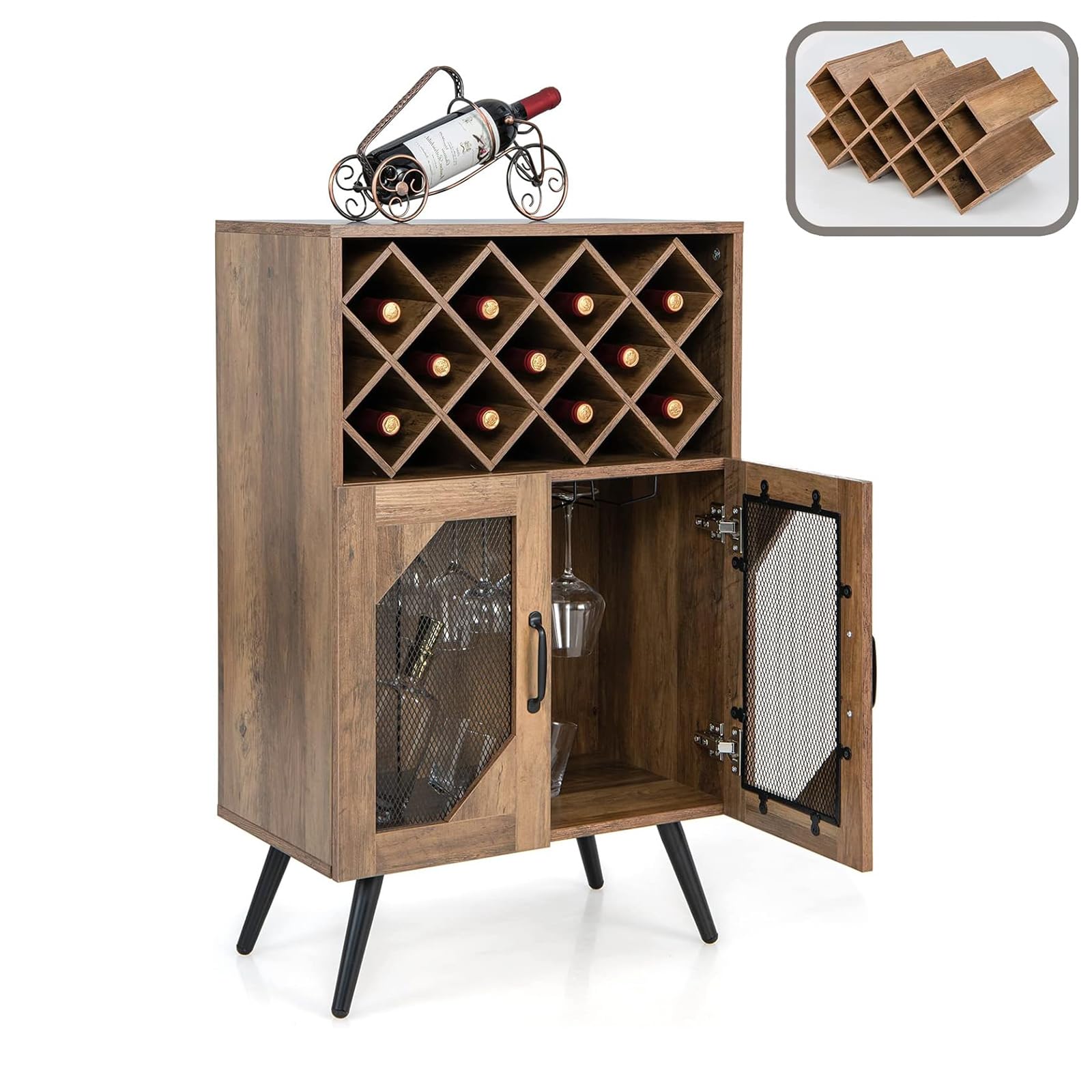 COSTWAY Küchenschrank, Weinschrank mit abnehmbarem Weinregal und integrierten Glashaltern, Buffetschrank Holz für 11 Weinflaschen & 9 Weingläser, Sideboard 59,5 x 33,5 x 93,5 cm, Vintage