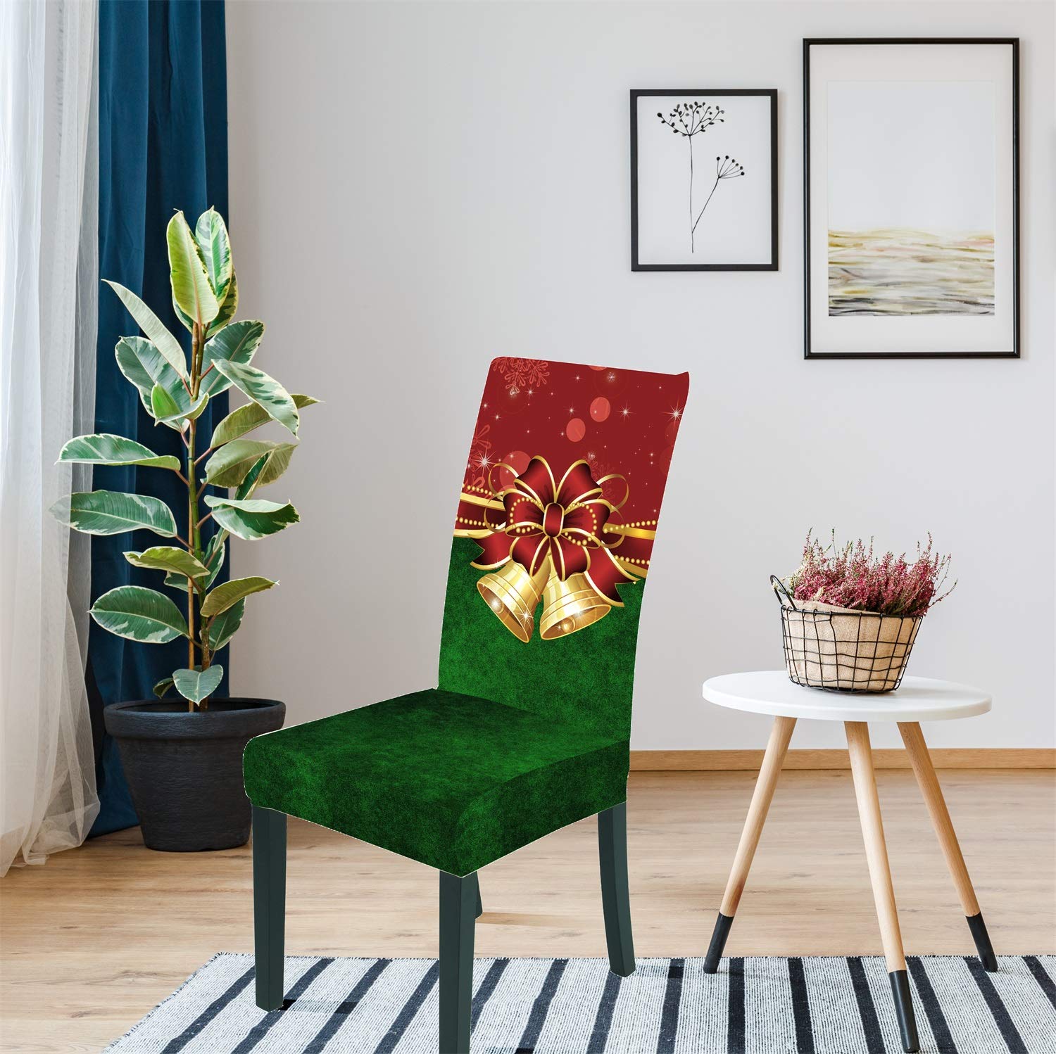 SANACYNA Set of 6 pcs Merry Christmas Red Small Bell Dining Room Chair Covers Slipcovers Spandex Fabric Seat Slipcover Washable Removable Parsons Chair Protector Kitchen Hotel Ceremony Universal Size