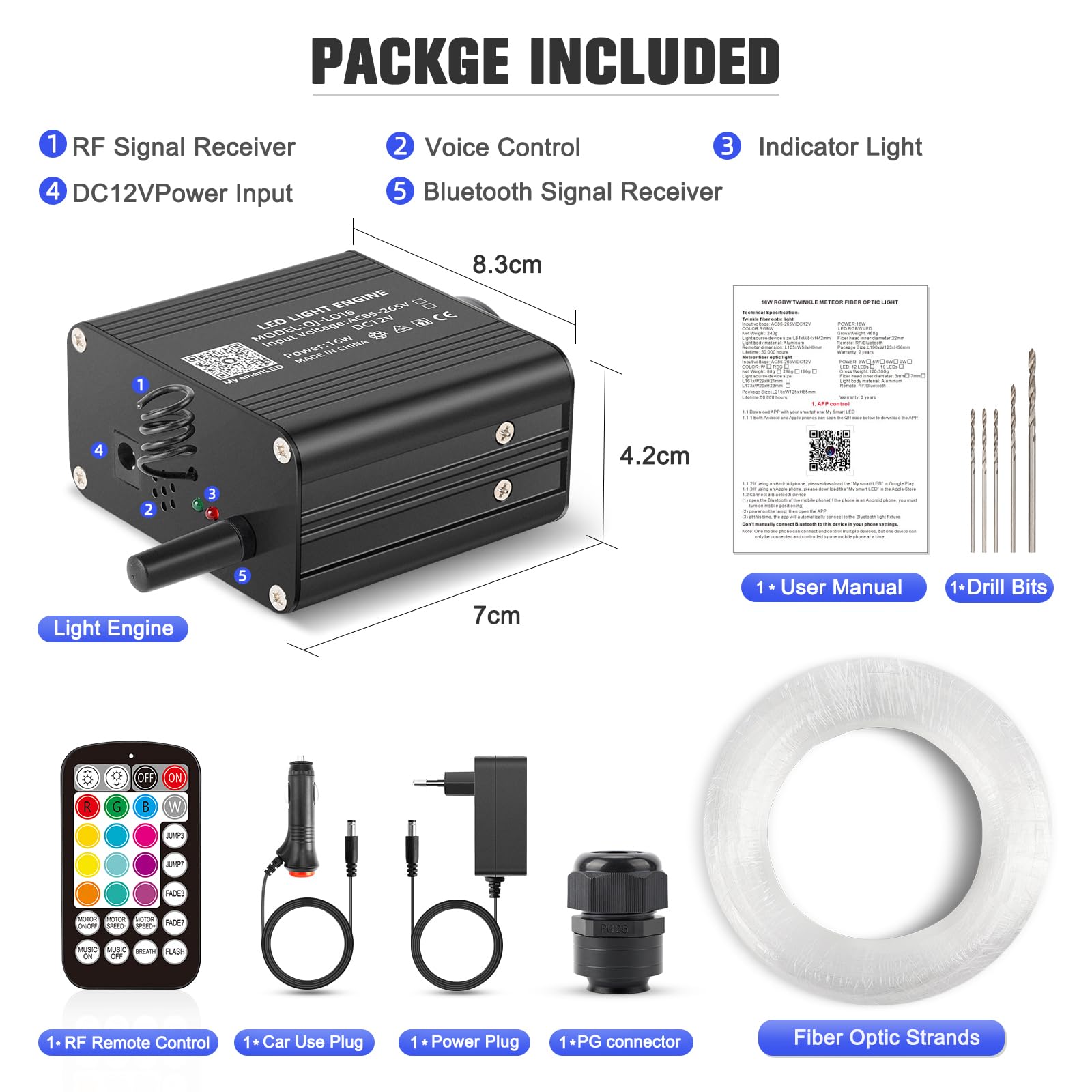 16W Twinkle RGBW Fibra Ottica, 300pcs of (0.75+1.0+1.5mm)*3 Meter Cielo Stellato LED Con APP Bluetooth/Remote/Controllo Musica, Fibra Ottica Cielo Stellato per Auto/Casa/Teatro