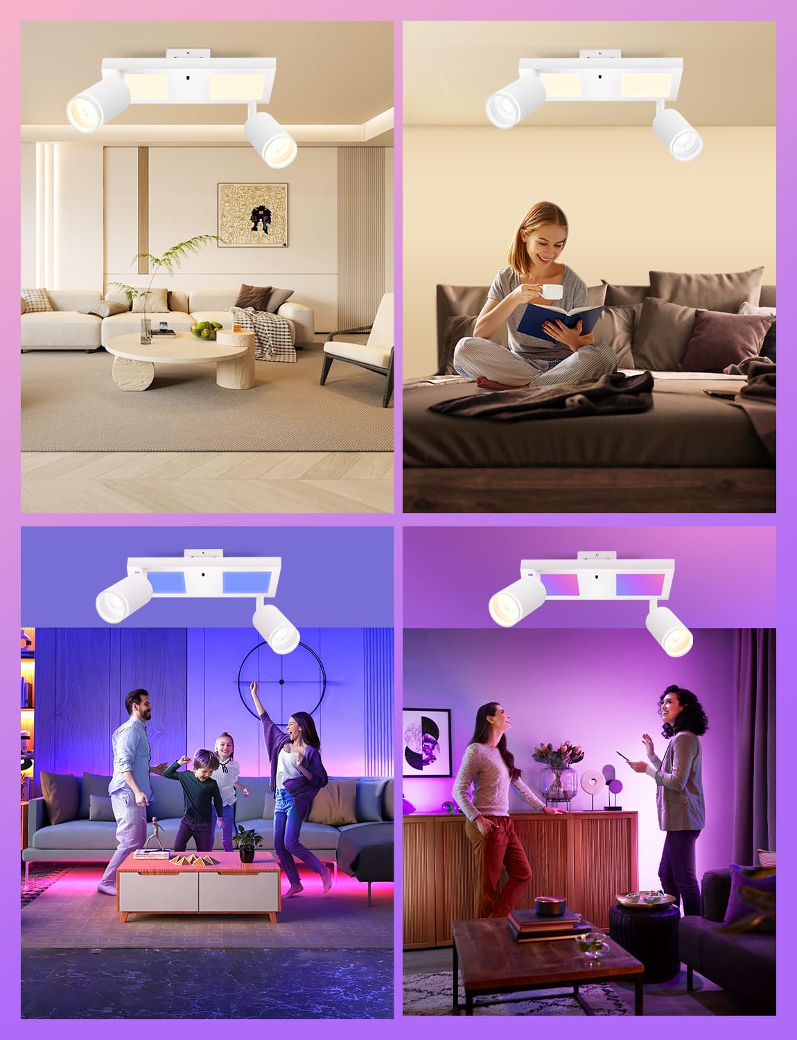YindaLux Plafonnier LED 2 Spots avec Télécommande, RGB 17W 2300LM Spots de Plafond GU10 Orientable, Blanc Plafonnier Spot avec Lueur Inférieure 7W+2x5W GU10 pour Salon Cuisine Chambre