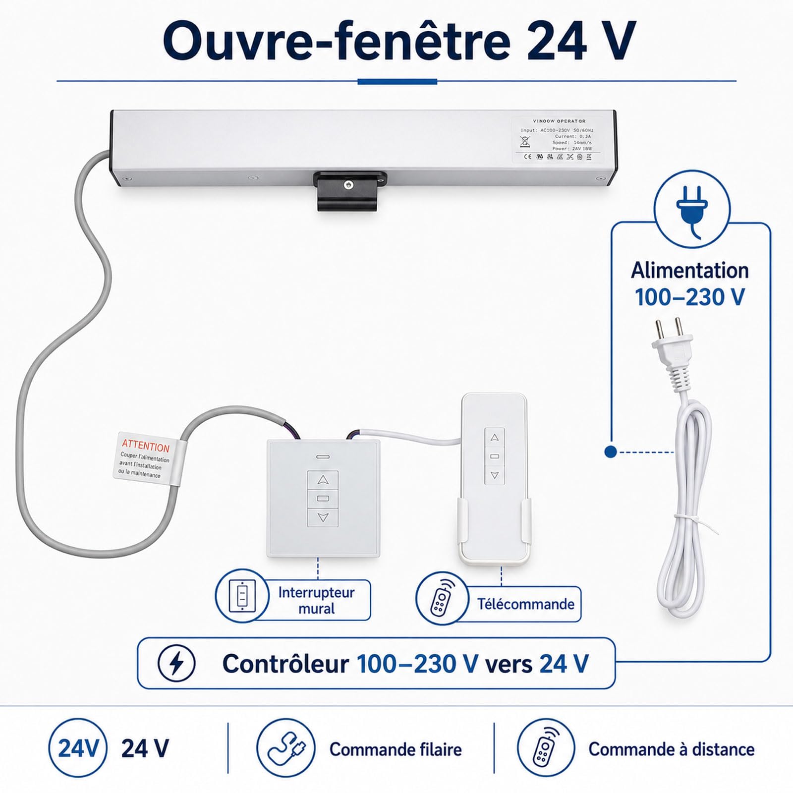 Ouvre-fenêtre Électrique, Poussoir De Fenêtre Intelligent 110-230 V, Course Réglable De 100 À 400 Mm, Avec Télécommande Et Interrupteur, Ouvre-fenêtre Silencieux À Chaîne Pour Fenêtre Suspendue, Lucar