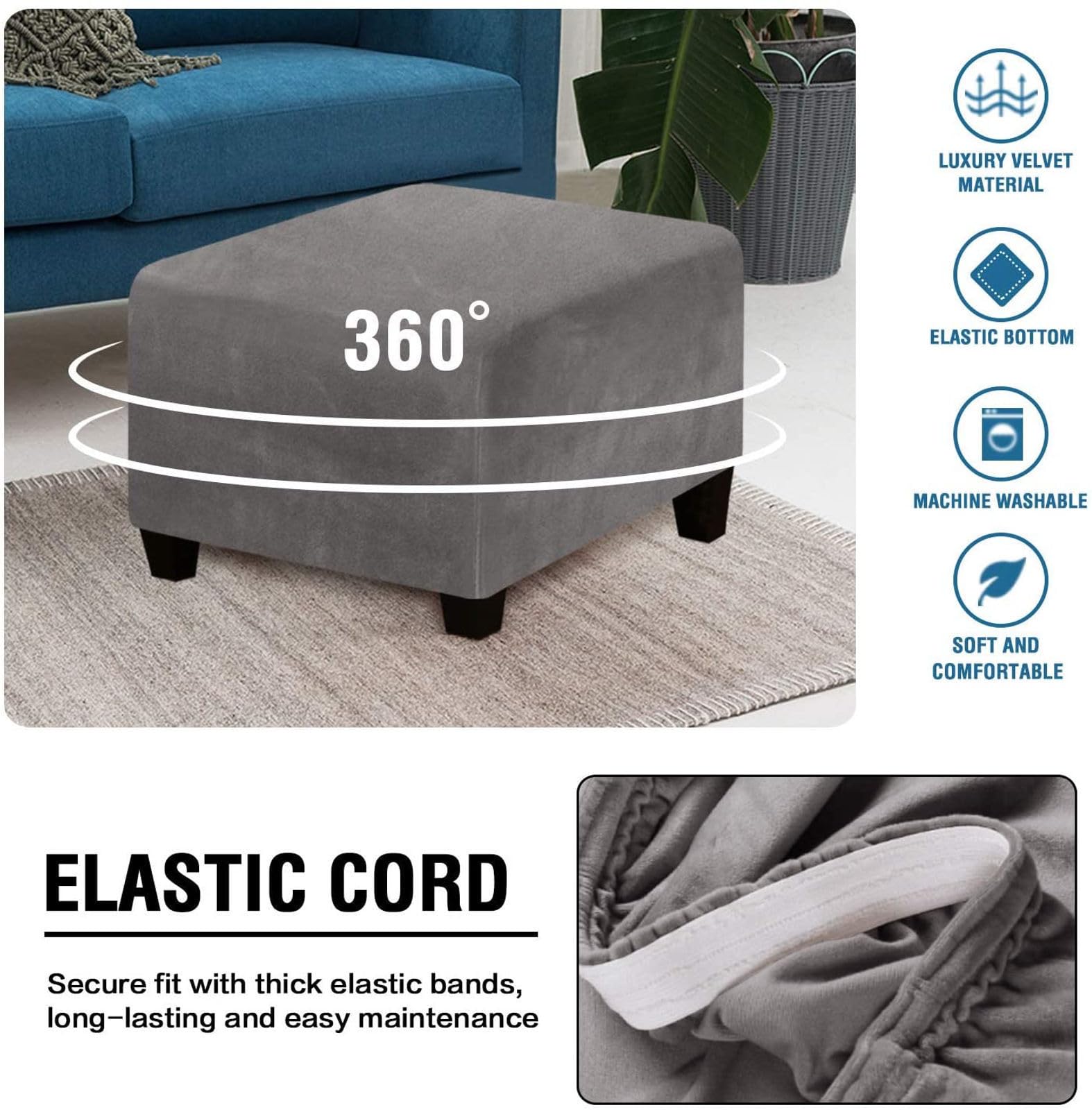 Housse de Pouf carrée en Velours Extensible, Housse de Repose-Pieds carrée Pliante avec Protection de canapé inférieure élastique for Le Salon(Grigio)